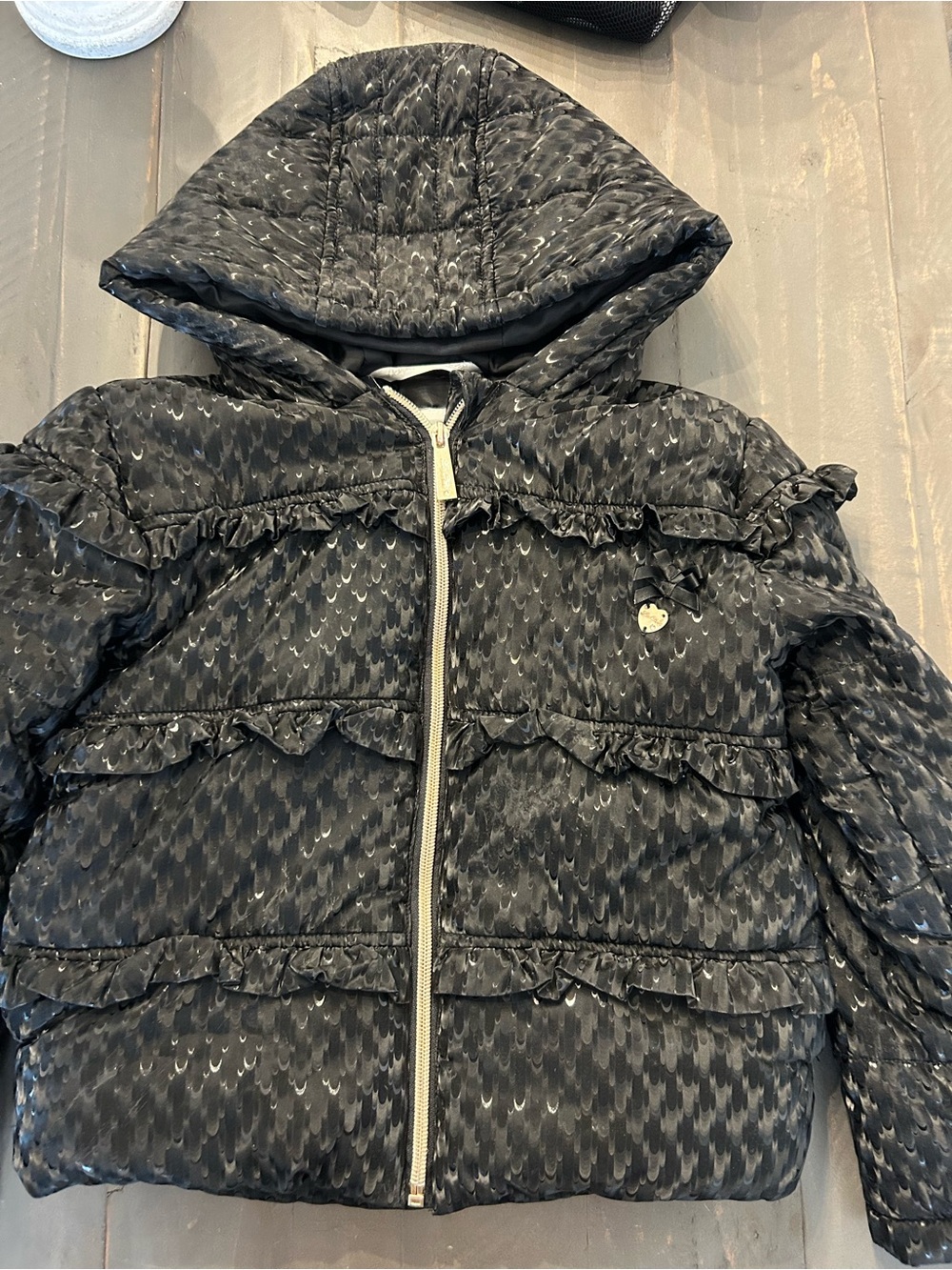 Glamorous Le Chic Black Hooded Ruffle Puffer Jacket approx size 6